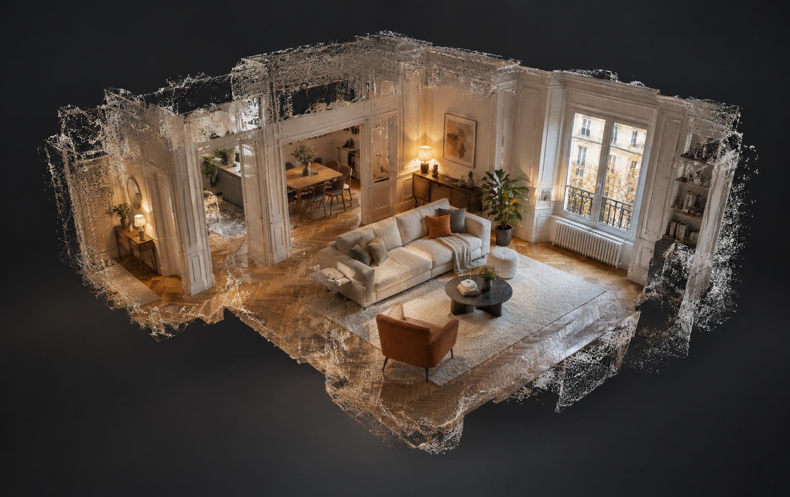 Rendu 3D d'un séjour capturé en visite virtuelle